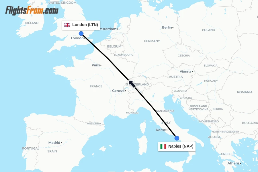 Flights from Naples to London route map