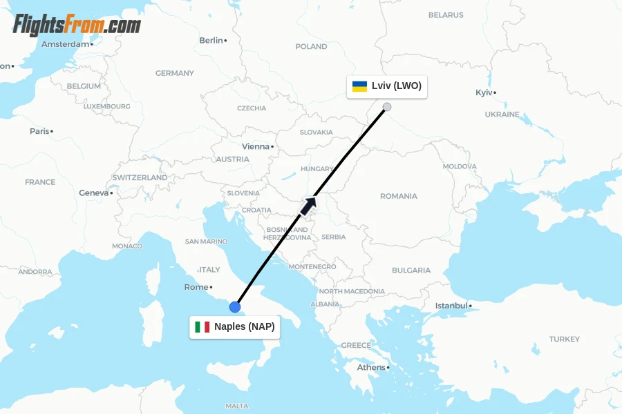 Flights from Naples to Lviv route map