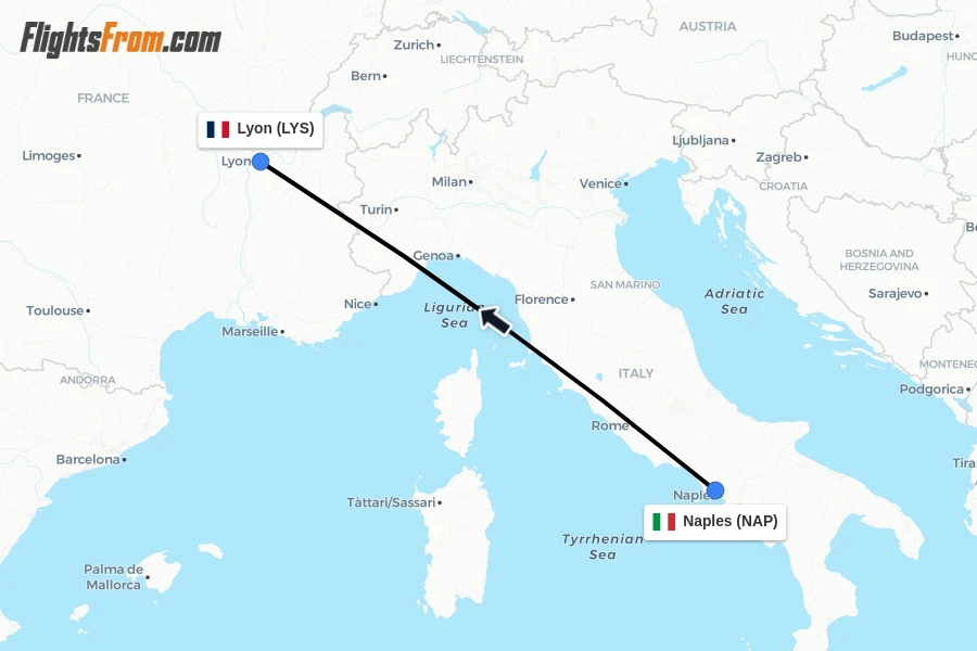 Flights from Naples to Lyon route map