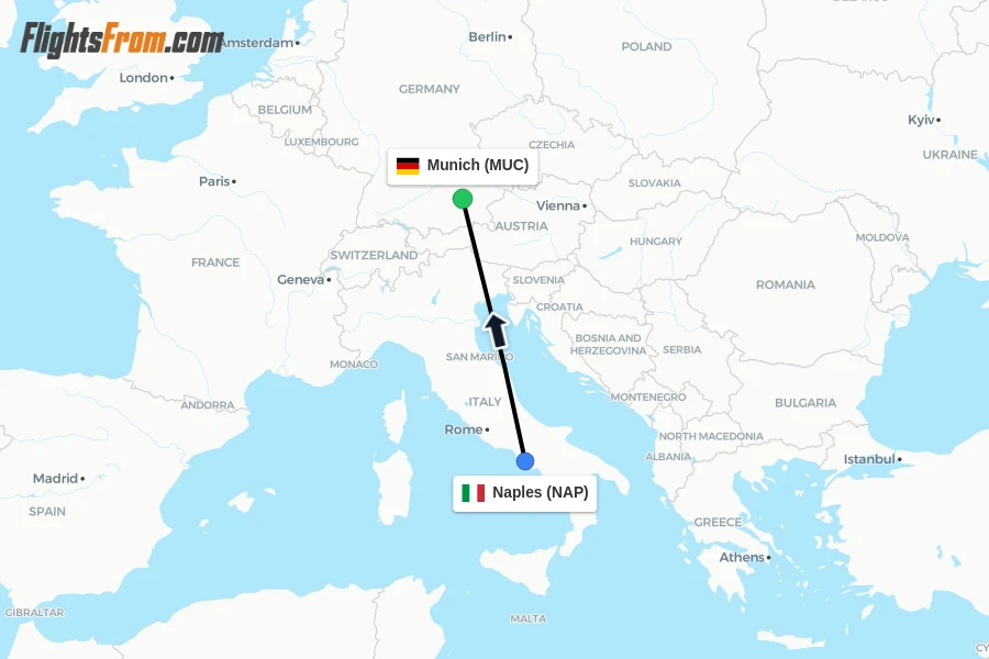 Flights from Naples to Munich route map