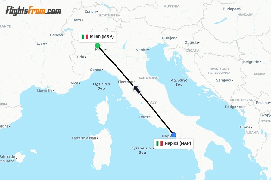 Flights from Naples to Milan route map
