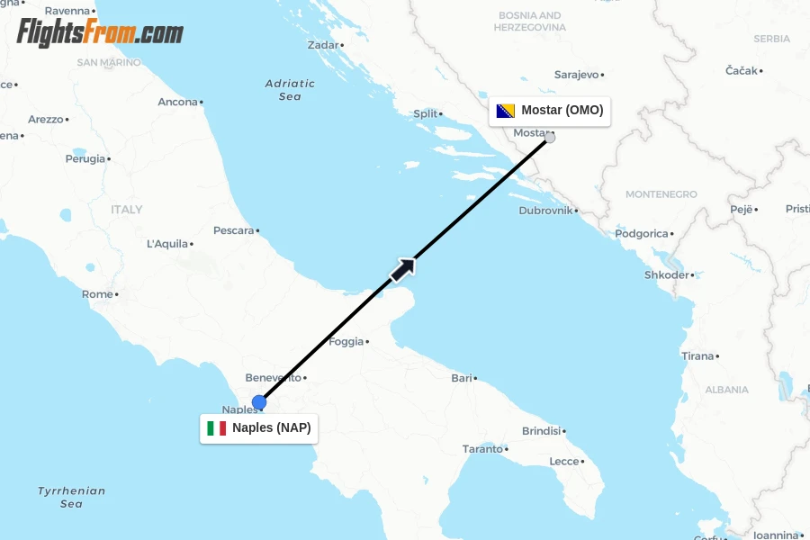 Flights from Naples to Mostar route map