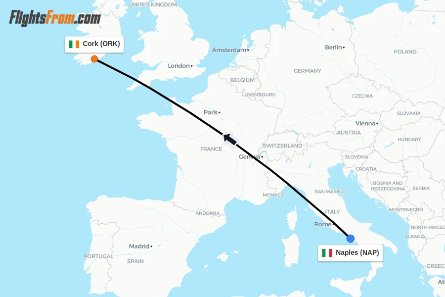 Flights from Naples to Cork route map