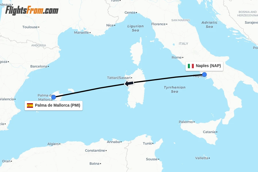 Flights from Naples to Palma de Mallorca route map