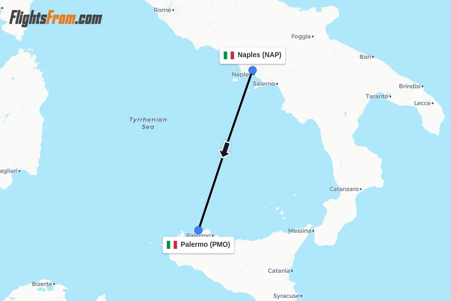 Flights from Naples to Palermo route map