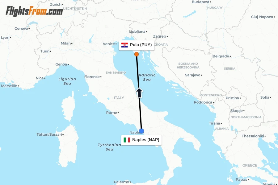 Flights from Naples to Pula route map