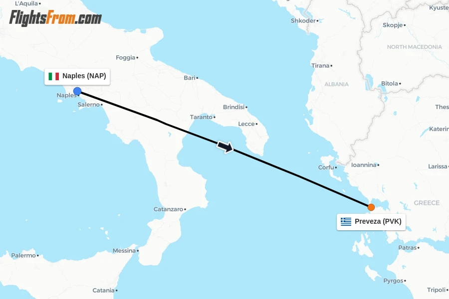 Flights from Naples to Preveza route map