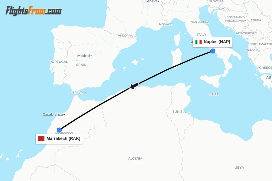 Flights from Naples to Marrakech route map
