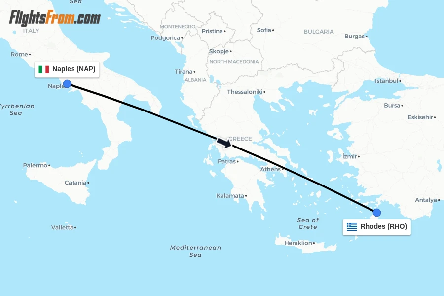 Flights from Naples to Rhodes route map
