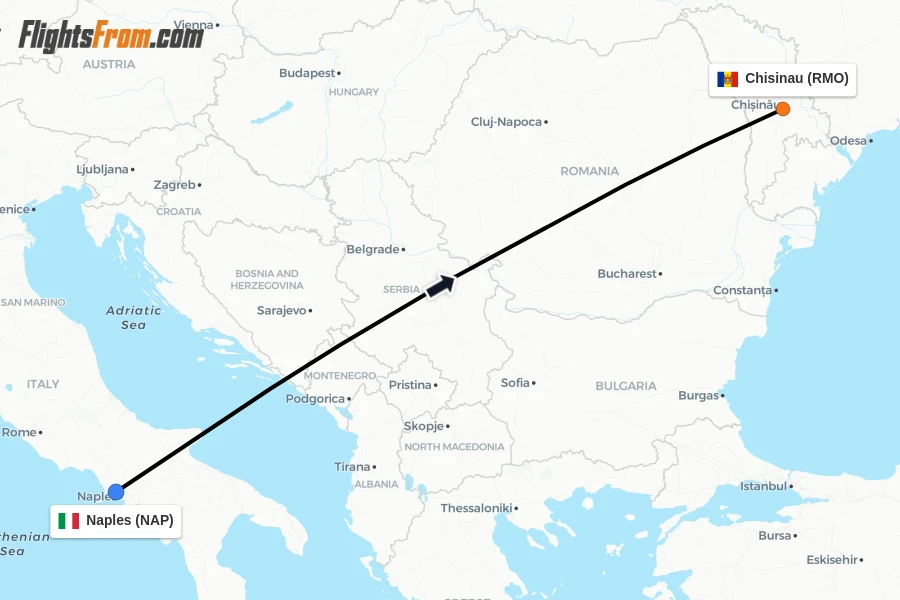 Flights from Naples to Chisinau route map