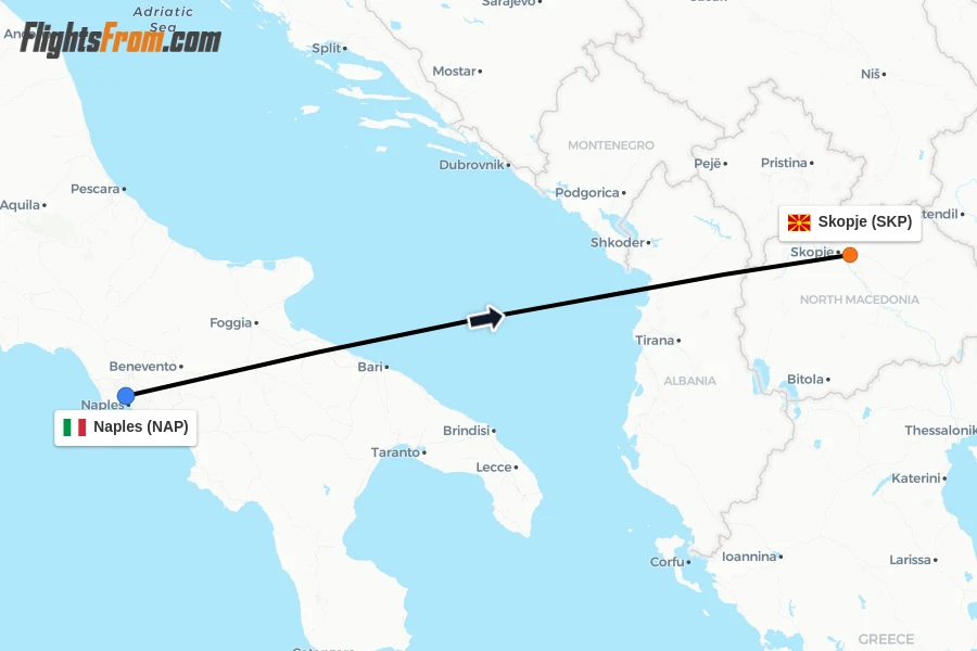 Flights from Naples to Skopje route map