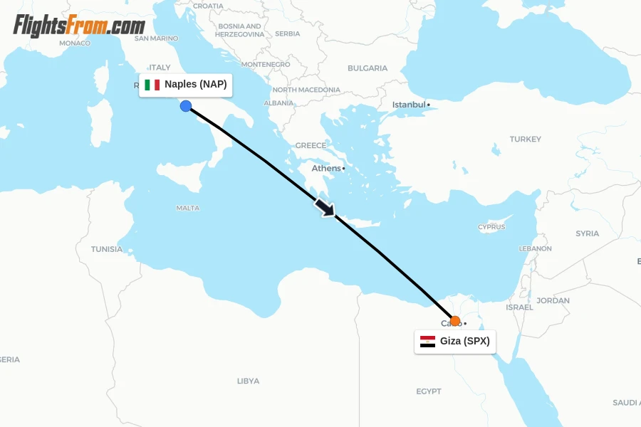Flights from Naples to Giza route map