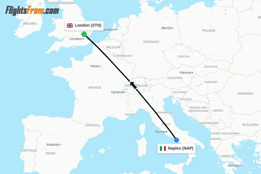 Flights from Naples to London route map