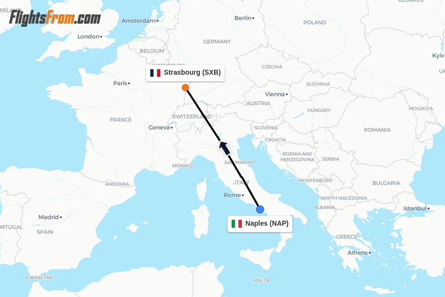 Flights from Naples to Strasbourg route map