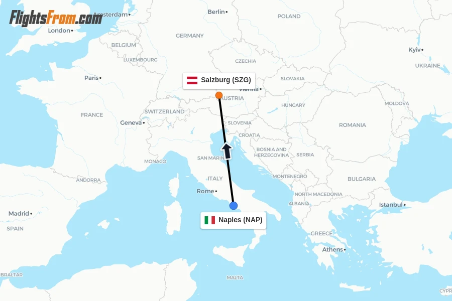 Flights from Naples to Salzburg route map