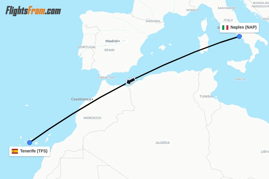 Flights from Naples to Tenerife route map