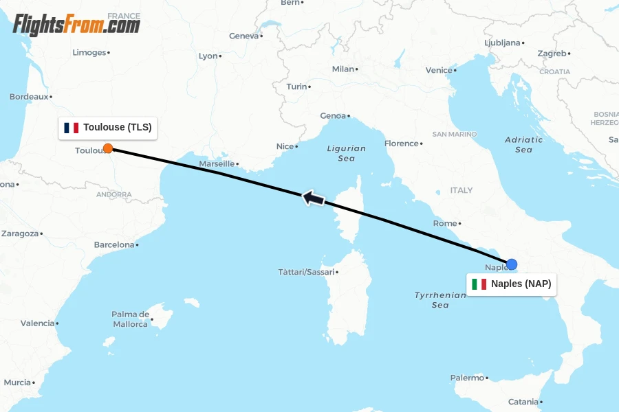 Flights from Naples to Toulouse route map