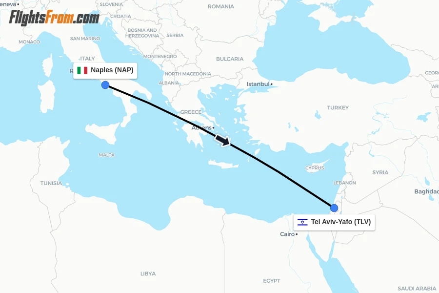 Flights from Naples to Tel Aviv-Yafo route map