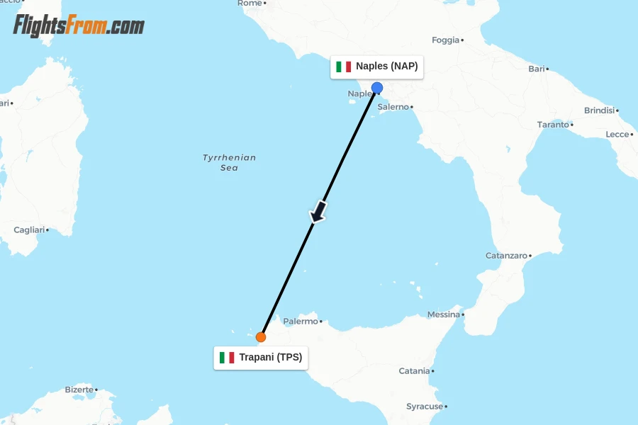 Flights from Naples to Trapani route map