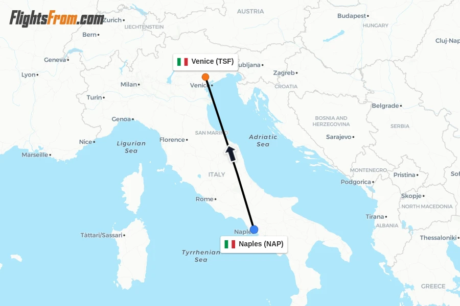 Flights from Naples to Venice route map