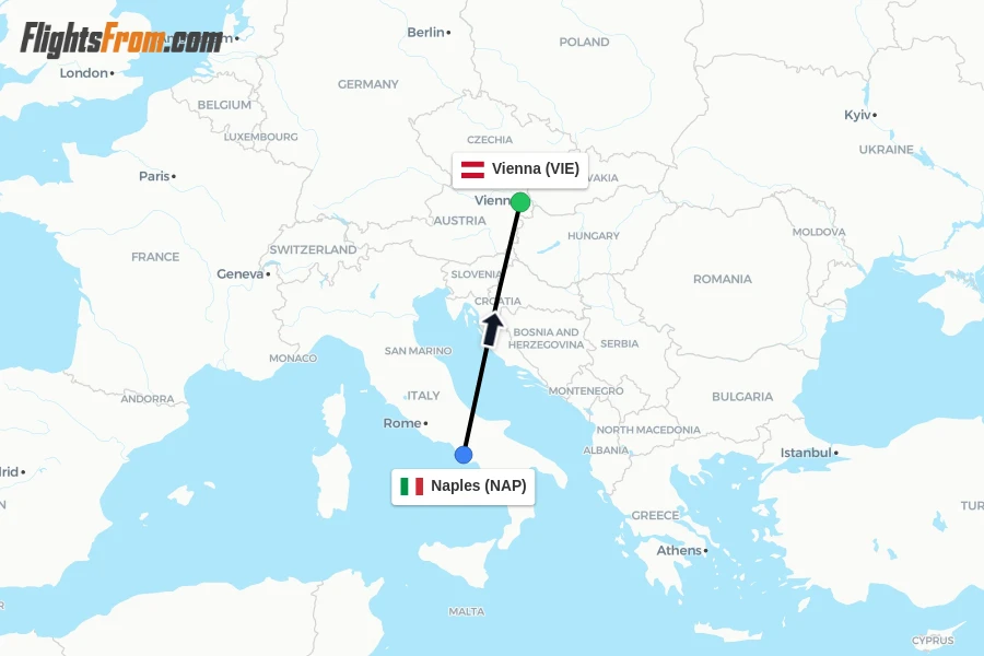 Flights from Naples to Vienna route map