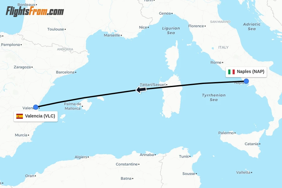 Flights from Naples to Valencia route map