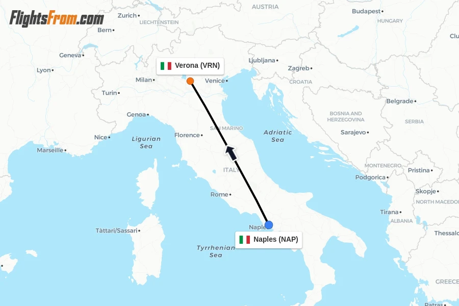Flights from Naples to Verona route map