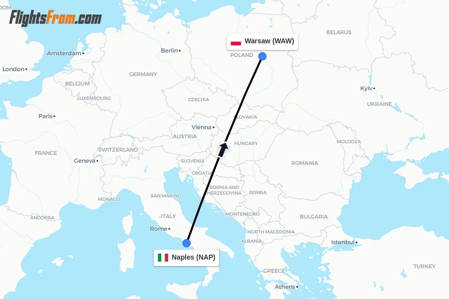 Flights from Naples to Warsaw route map