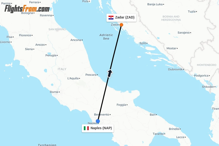 Flights from Naples to Zadar route map