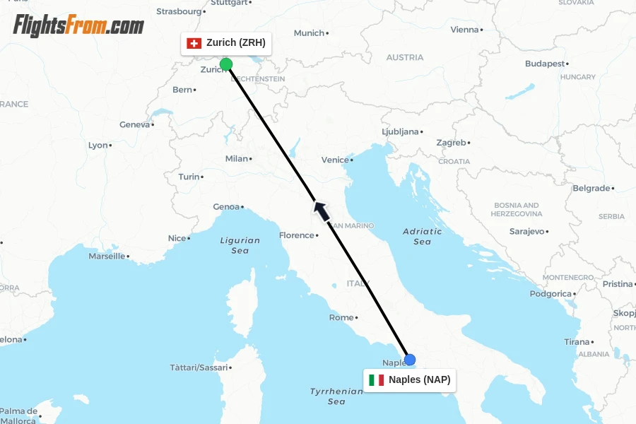 Flights from Naples to Zurich route map