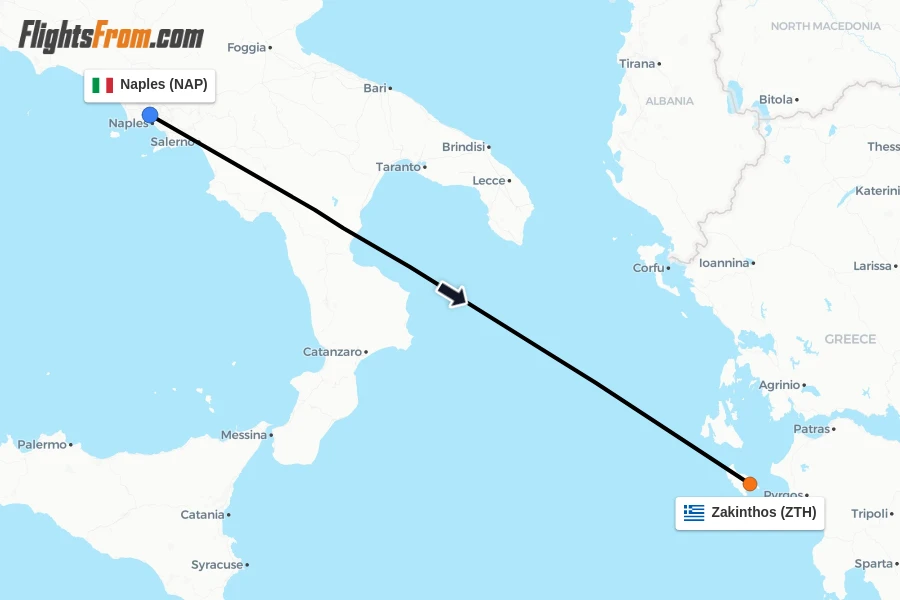 Flights from Naples to Zakinthos route map