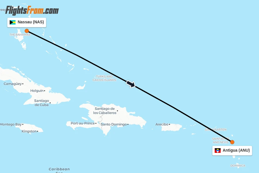Flights from Nassau to Antigua route map