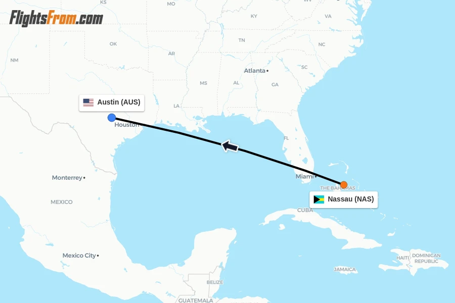 Flights from Nassau to Austin route map