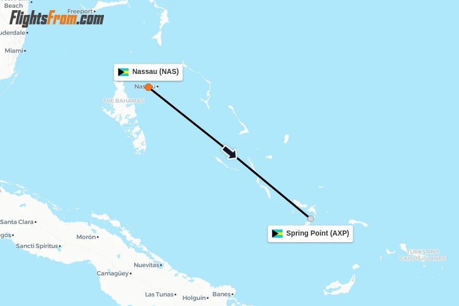 Flights from Nassau to Spring Point route map