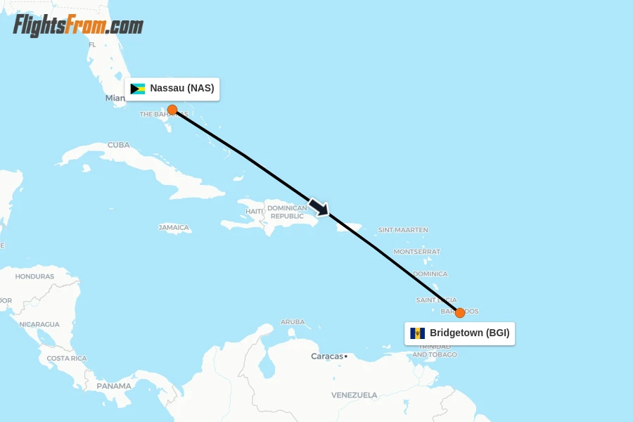 Flights from Nassau to Bridgetown route map