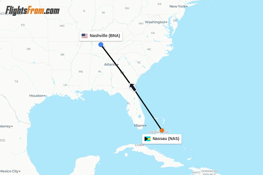 Flights from Nassau to Nashville route map