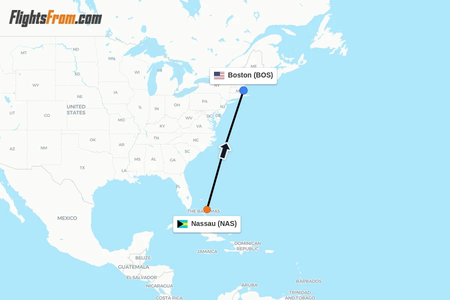 Flights from Nassau to Boston route map