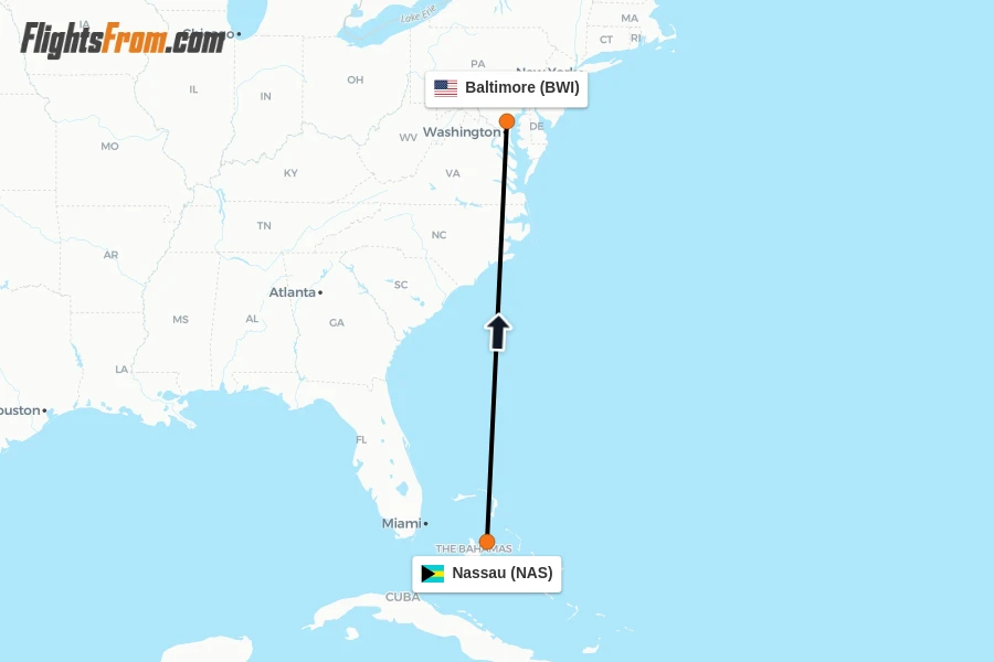 Flights from Nassau to Baltimore route map