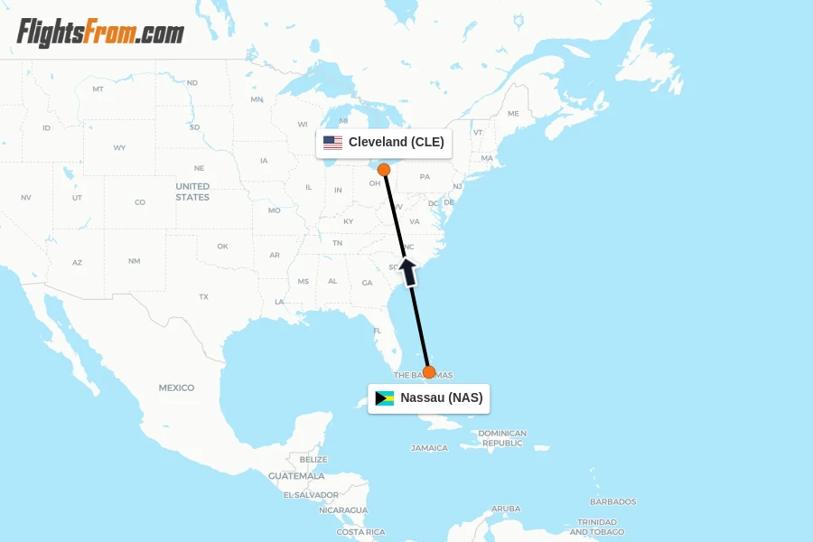 Flights from Nassau to Cleveland route map