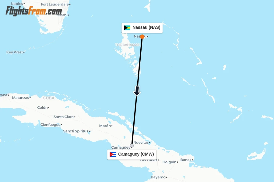 Flights from Nassau to Camaguey route map