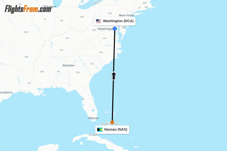 Flights from Nassau to Washington route map