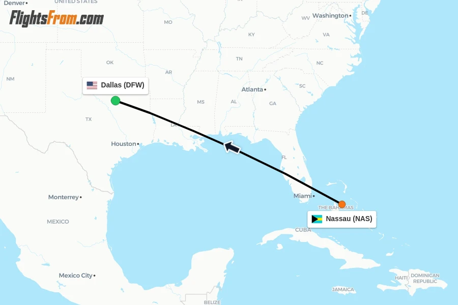 Flights from Nassau to Dallas route map