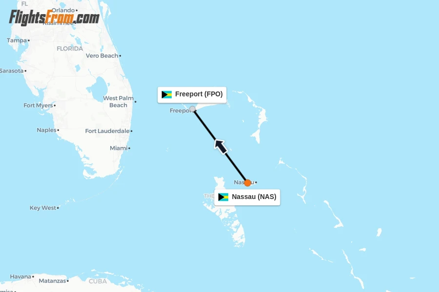 Flights from Nassau to Freeport route map