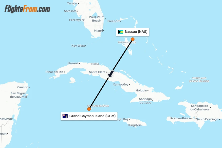 Flights from Nassau to Grand Cayman Island route map