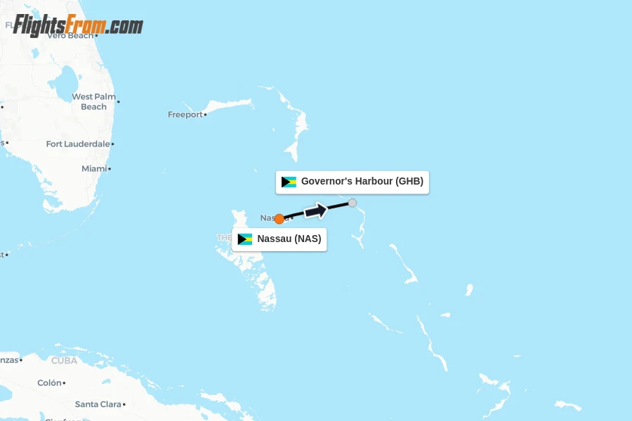 Flights from Nassau to Governor's Harbour route map