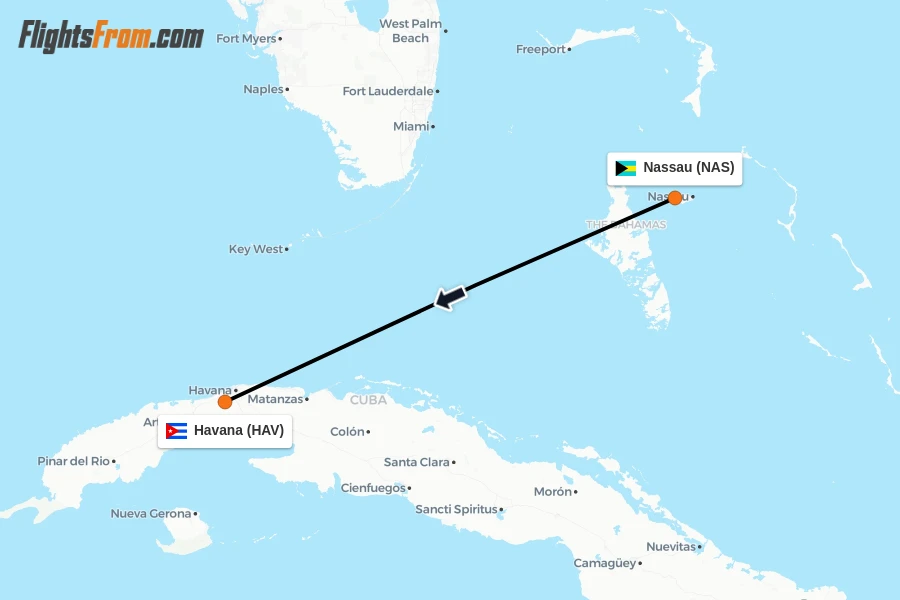 Flights from Nassau to Havana route map