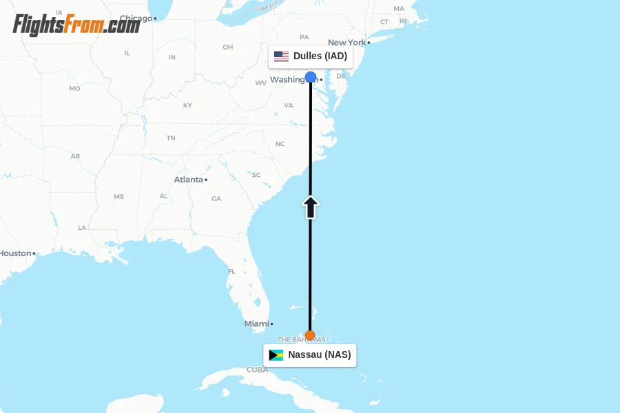 Flights from Nassau to Dulles route map