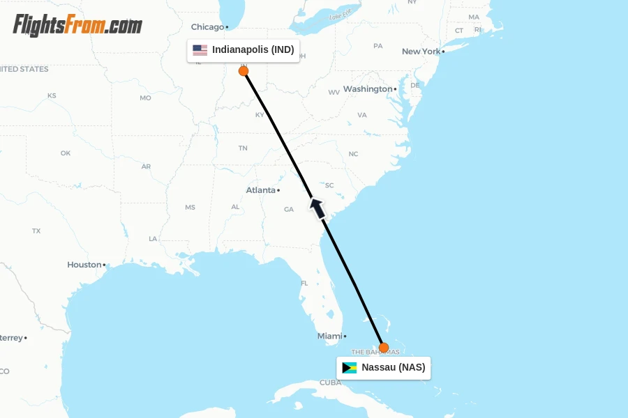 Flights from Nassau to Indianapolis route map