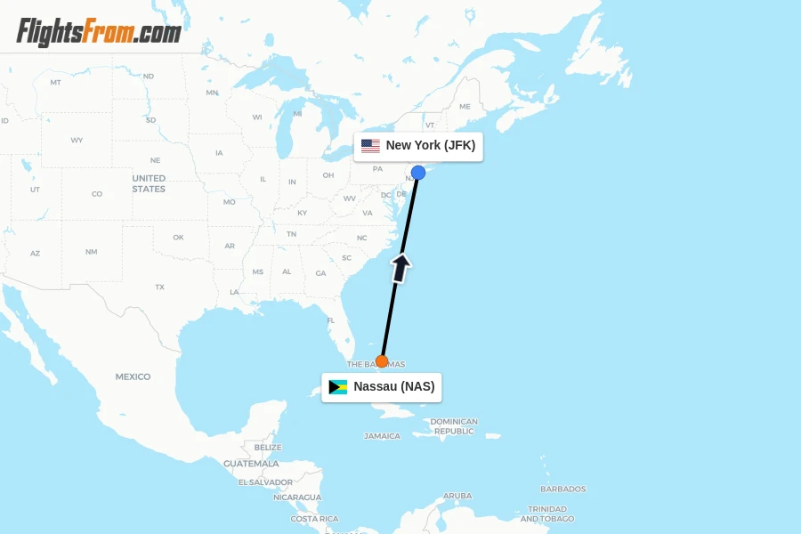 Flights from Nassau to New York route map