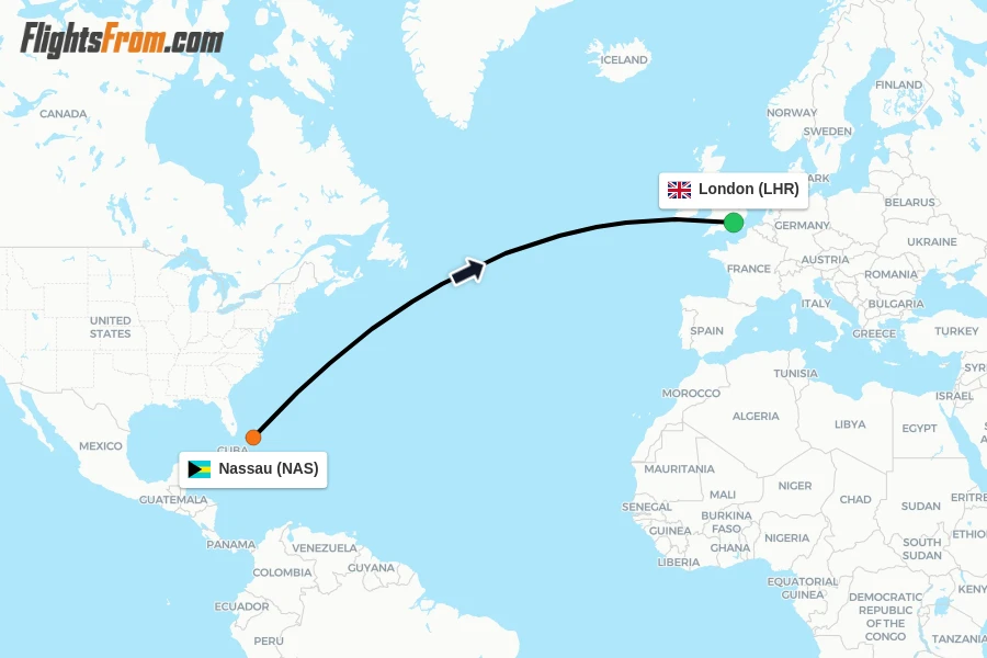 Flights from Nassau to London route map